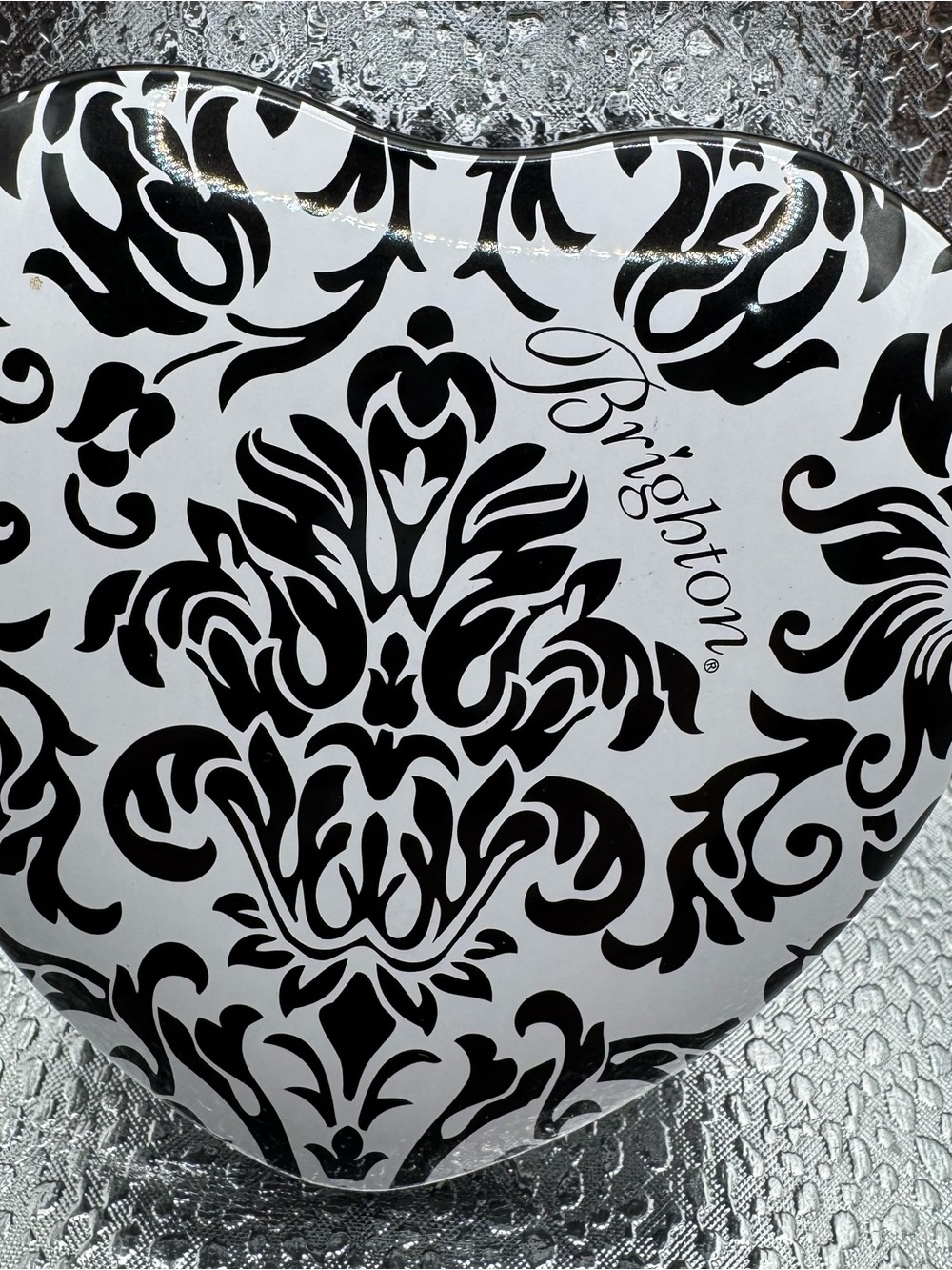 Brighton Black and White Damask Heart Tin